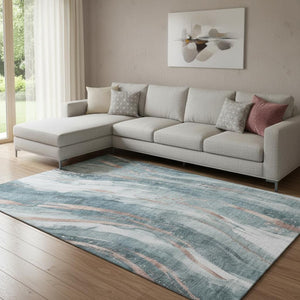 HomeRoots 8' x 10' Abstract Teal Peach Ivory Rug - Washable, UV Protected, Stain-Resistant, Non-Slip Design 696810