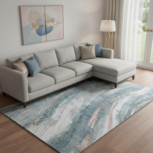 HomeRoots 9' X 12' Contemporary Teal Peach Ivory Washable Area Rug - UV Protected, Durable, and Stylish! 696811