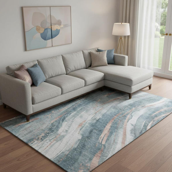 HomeRoots 9' X 12' Contemporary Teal Peach Ivory Washable Area Rug - UV Protected, Durable, and Stylish! 696811
