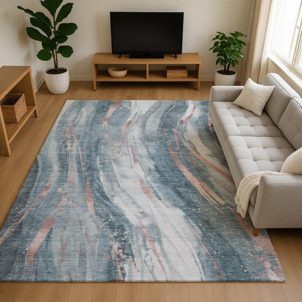 HomeRoots 9' X 12' Contemporary Teal Peach Ivory Washable Area Rug - UV Protected, Durable, and Stylish! 696811