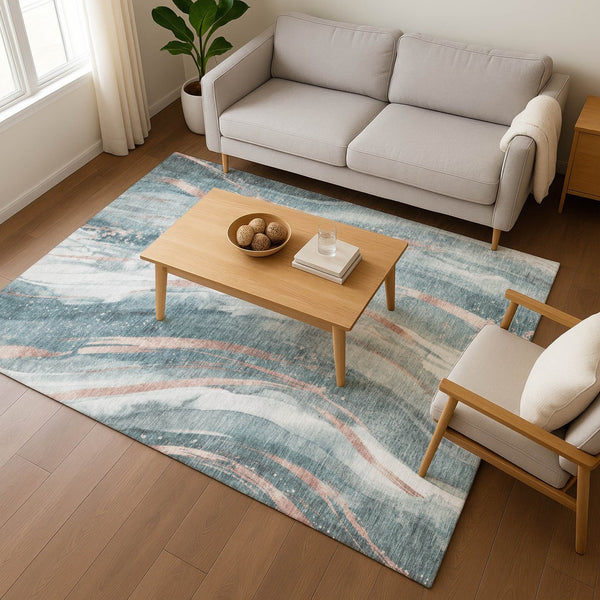 HomeRoots 9' X 12' Contemporary Teal Peach Ivory Washable Area Rug - UV Protected, Durable, and Stylish! 696811