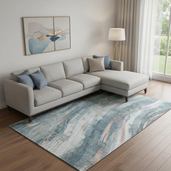 HomeRoots 10' X 14' Teal Peach Ivory Washable Area Rug - Modern Abstract Design with UV Protection & Durability 696812