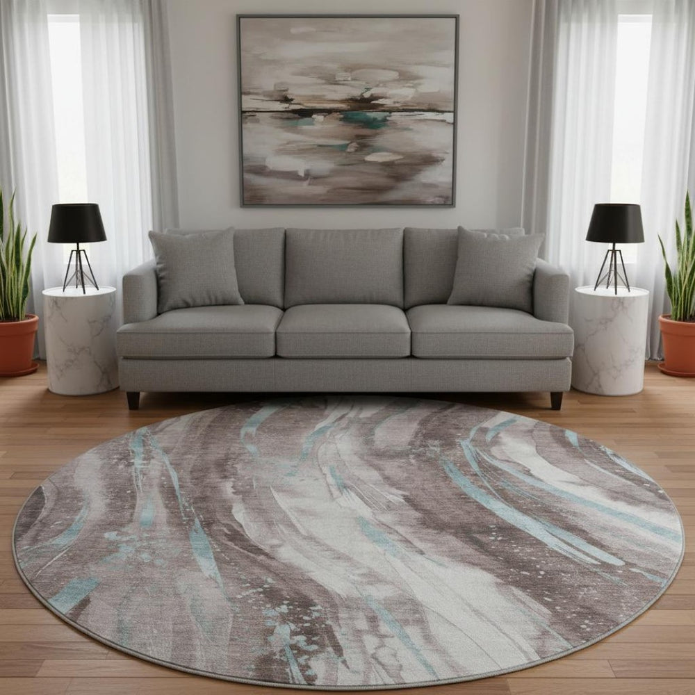 HomeRoots 8' Taupe Blue Abstract Washable Round Rug - Stylish, Durable, UV-Protected & Perfect for Homes! 696815