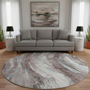 HomeRoots 8' Taupe Blue Abstract Washable Round Rug - Stylish, Durable, UV-Protected & Perfect for Homes! 696815
