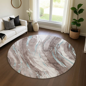 HomeRoots 8' Taupe Blue Abstract Washable Round Rug - Stylish, Durable, UV-Protected & Perfect for Homes! 696815
