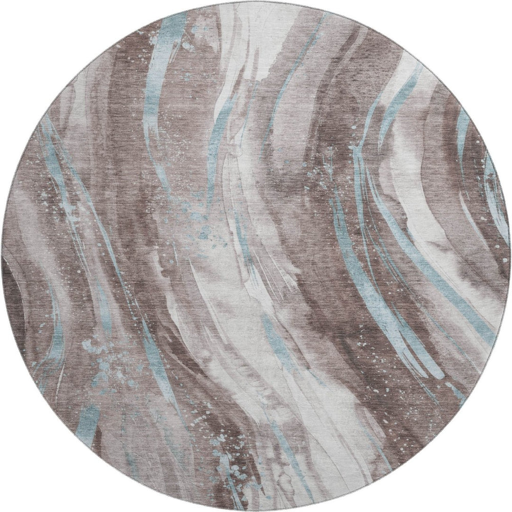 HomeRoots 8' Taupe Blue Abstract Washable Round Rug - Stylish, Durable, UV-Protected & Perfect for Homes! 696815