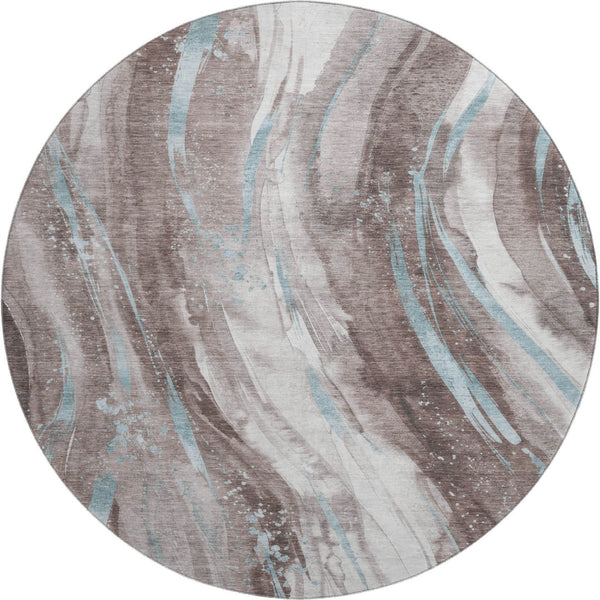 HomeRoots 8' Taupe Blue Abstract Washable Round Rug - Stylish, Durable, UV-Protected & Perfect for Homes! 696815
