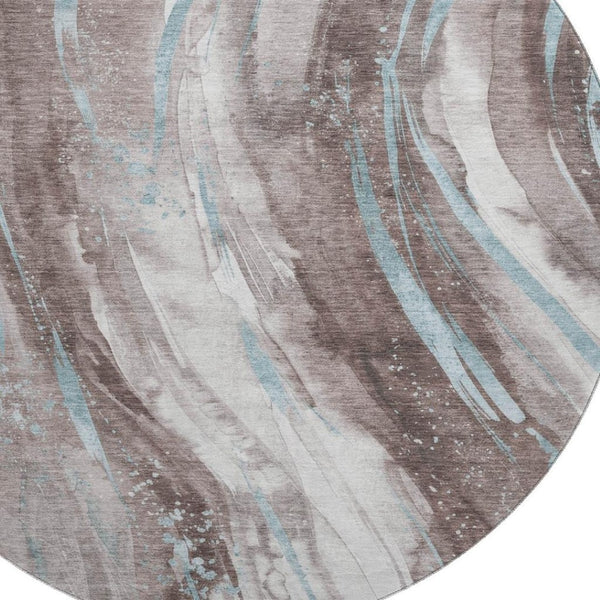 HomeRoots 8' Taupe Blue Abstract Washable Round Rug - Stylish, Durable, UV-Protected & Perfect for Homes! 696815