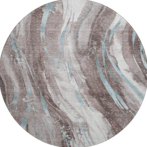 HomeRoots 8' Taupe Blue Abstract Washable Round Rug - Stylish, Durable, UV-Protected & Perfect for Homes! 696815