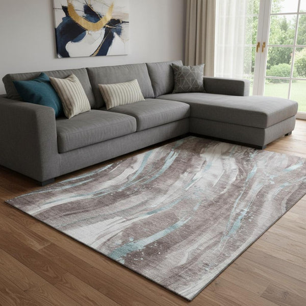 HomeRoots 8' X 10' Abstract Washable Area Rug in Taupe, Blue, Ivory - Durable, UV-Protected, Stain-Resistant Comfort 696816