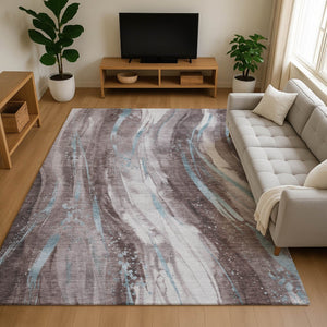 HomeRoots 8' X 10' Abstract Washable Area Rug in Taupe, Blue, Ivory - Durable, UV-Protected, Stain-Resistant Comfort 696816