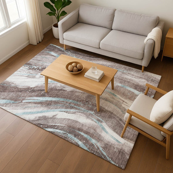 HomeRoots 8' X 10' Abstract Washable Area Rug in Taupe, Blue, Ivory - Durable, UV-Protected, Stain-Resistant Comfort 696816