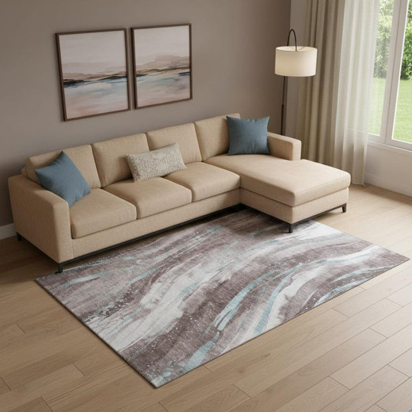 HomeRoots 10' Taupe Blue & Ivory Abstract Washable Area Rug - Durable, UV Protected, Perfect for Busy Homes! 696818
