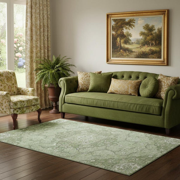 HomeRoots 5' X 8' Artichoke Green & Ivory Medallion Area Rug – Washable, UV Protected, Stain Resistant Design 696820