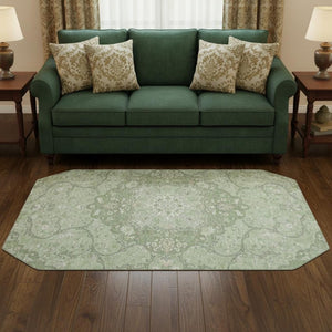 HomeRoots 8' Artichoke Green & Ivory Medallion Round Rug - Durable, Washable, UV-Protected for Busy Homes 696821