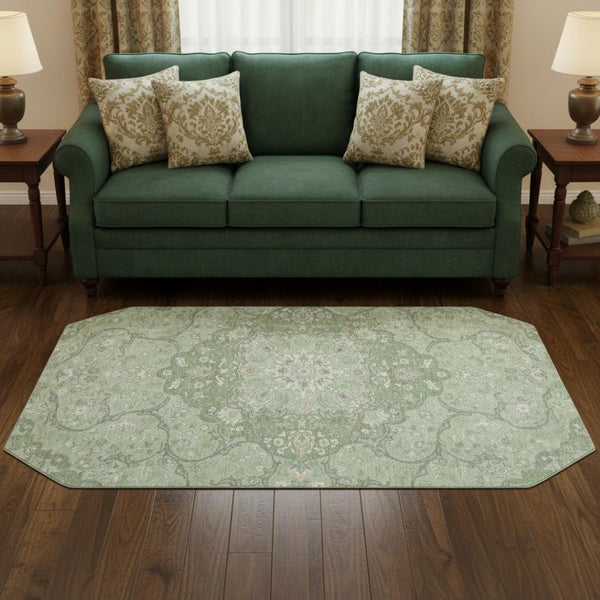 HomeRoots 8' Artichoke Green & Ivory Medallion Round Rug - Durable, Washable, UV-Protected for Busy Homes 696821