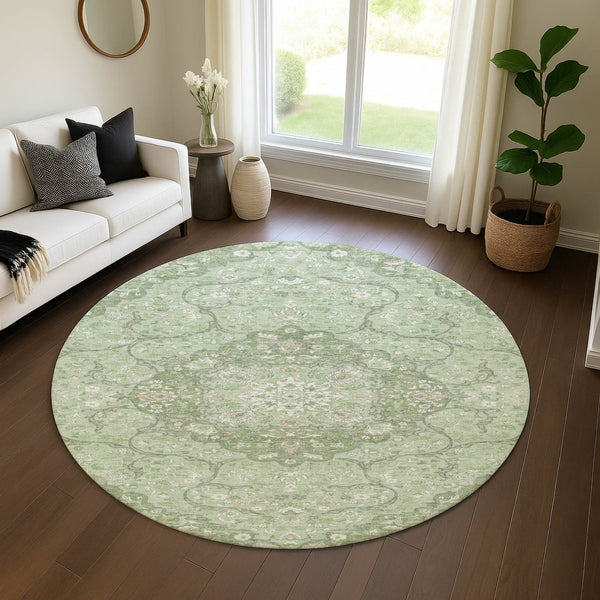 HomeRoots 8' Artichoke Green & Ivory Medallion Round Rug - Durable, Washable, UV-Protected for Busy Homes 696821