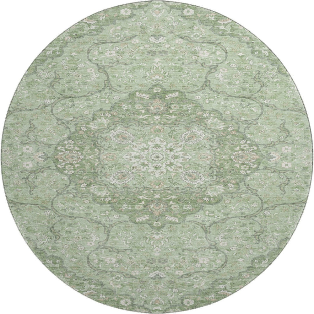 HomeRoots 8' Artichoke Green & Ivory Medallion Round Rug - Durable, Washable, UV-Protected for Busy Homes 696821
