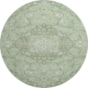 HomeRoots 8' Artichoke Green & Ivory Medallion Round Rug - Durable, Washable, UV-Protected for Busy Homes 696821