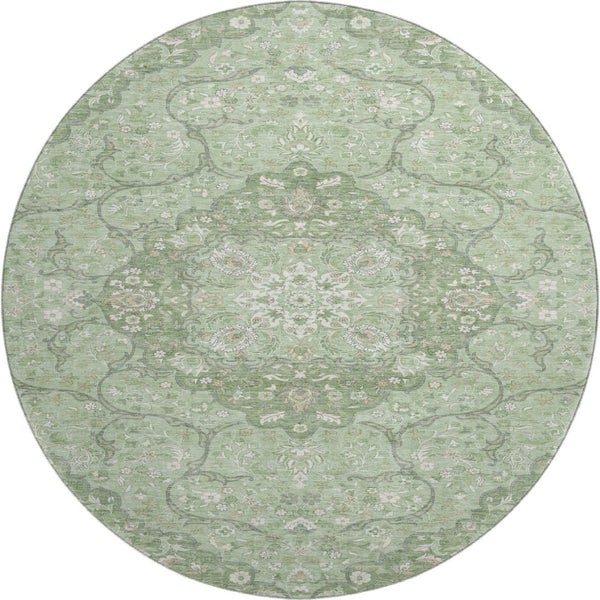 HomeRoots 8' Artichoke Green & Ivory Medallion Round Rug - Durable, Washable, UV-Protected for Busy Homes 696821