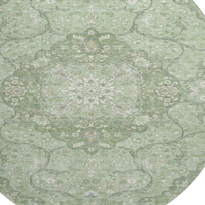 HomeRoots 8' Artichoke Green & Ivory Medallion Round Rug - Durable, Washable, UV-Protected for Busy Homes 696821