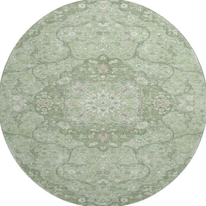 HomeRoots 8' Artichoke Green & Ivory Medallion Round Rug - Durable, Washable, UV-Protected for Busy Homes 696821