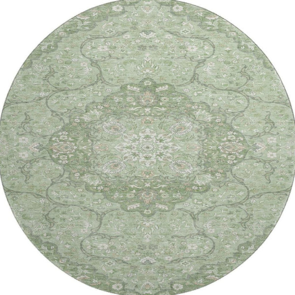HomeRoots 8' Artichoke Green & Ivory Medallion Round Rug - Durable, Washable, UV-Protected for Busy Homes 696821