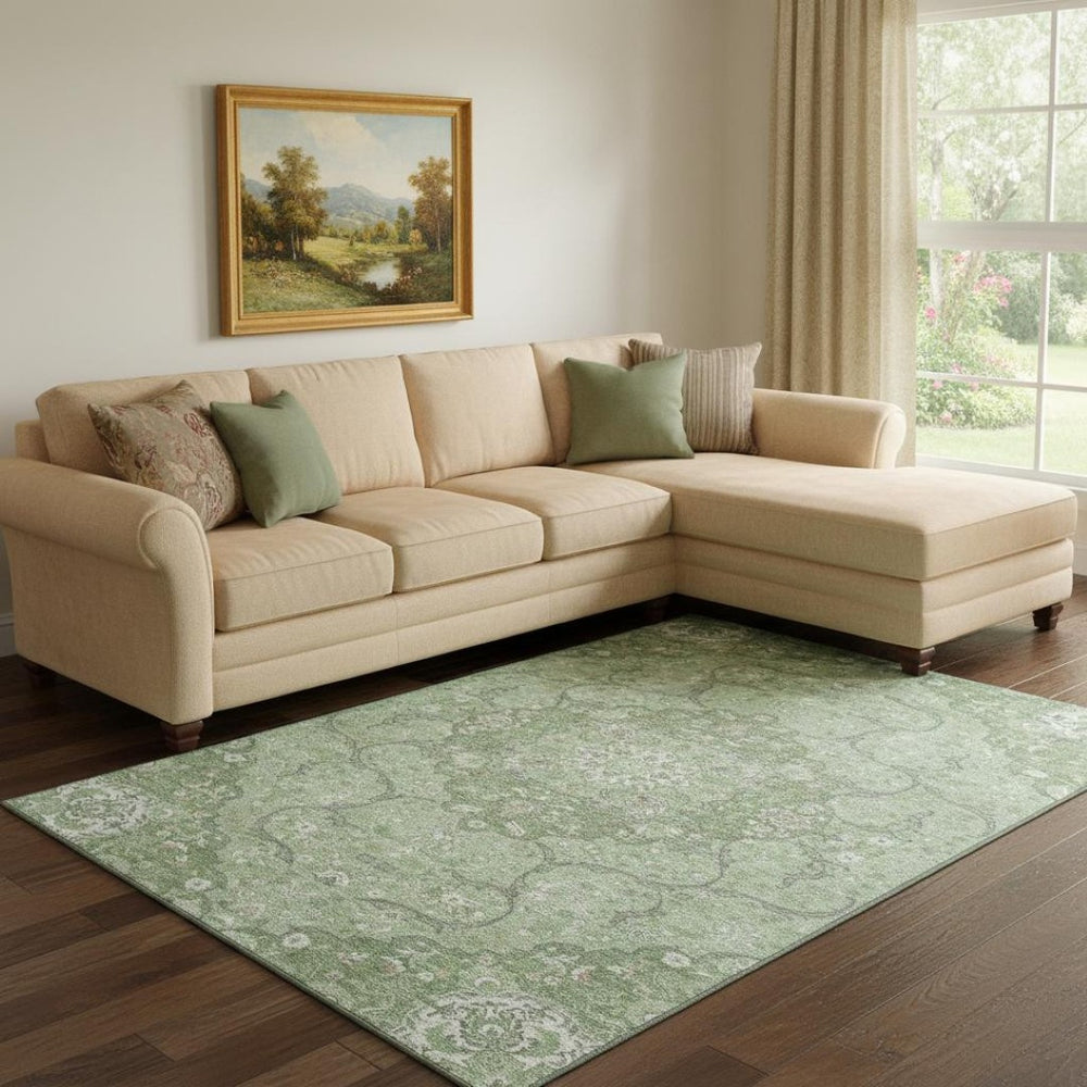 HomeRoots 8' X 10' Elegant Artichoke Green Medallion Area Rug - Washable, UV-Protected, Non-Slip Design! 696822