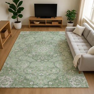 HomeRoots 10' Artichoke Green & Ivory Medallion Area Rug – Washable, UV-Protected, Durable for Busy Homes 696824