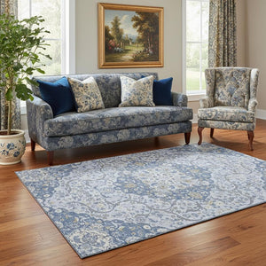 HomeRoots 5' X 8' Blue Gray & Silver Medallion Area Rug - Washable, UV Protected, Non-Slip for High Traffic Areas 696826
