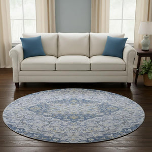 HomeRoots 8' Stylish Blue Gray Medallion Round Rug - Washable, UV-Protected, Perfect for High-Traffic Areas! 696827