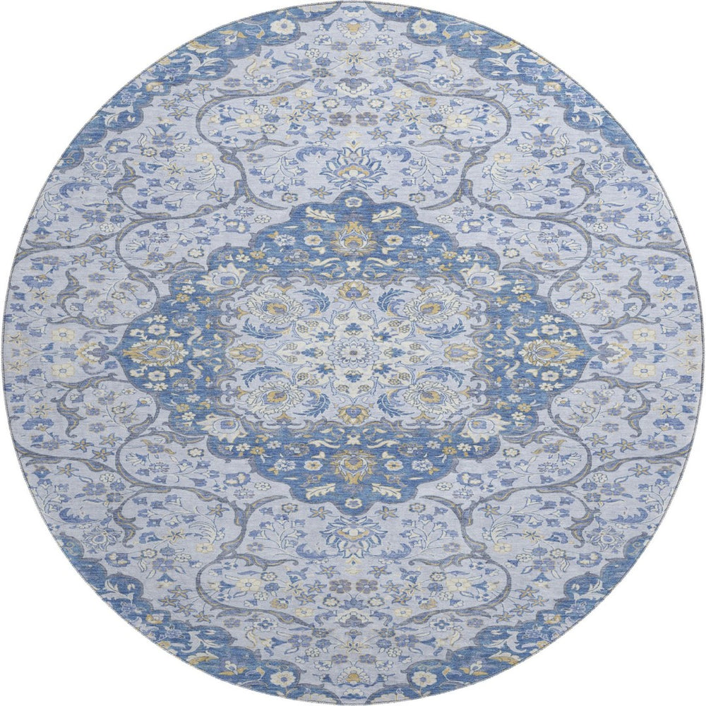 HomeRoots 8' Stylish Blue Gray Medallion Round Rug - Washable, UV-Protected, Perfect for High-Traffic Areas! 696827