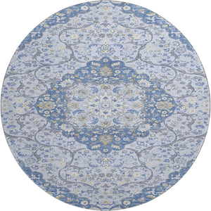 HomeRoots 8' Stylish Blue Gray Medallion Round Rug - Washable, UV-Protected, Perfect for High-Traffic Areas! 696827