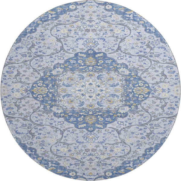 HomeRoots 8' Stylish Blue Gray Medallion Round Rug - Washable, UV-Protected, Perfect for High-Traffic Areas! 696827
