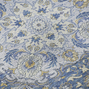 HomeRoots 8' Stylish Blue Gray Medallion Round Rug - Washable, UV-Protected, Perfect for High-Traffic Areas! 696827