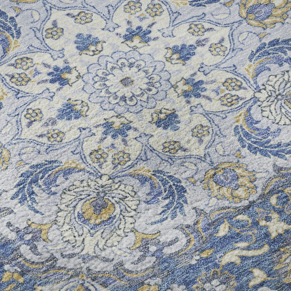 HomeRoots 8' Stylish Blue Gray Medallion Round Rug - Washable, UV-Protected, Perfect for High-Traffic Areas! 696827