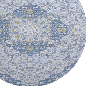 HomeRoots 8' Stylish Blue Gray Medallion Round Rug - Washable, UV-Protected, Perfect for High-Traffic Areas! 696827