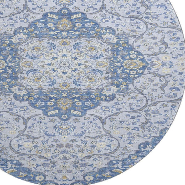 HomeRoots 8' Stylish Blue Gray Medallion Round Rug - Washable, UV-Protected, Perfect for High-Traffic Areas! 696827