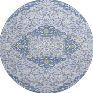 HomeRoots 8' Stylish Blue Gray Medallion Round Rug - Washable, UV-Protected, Perfect for High-Traffic Areas! 696827