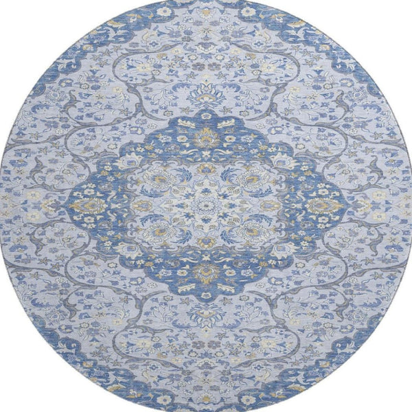 HomeRoots 8' Stylish Blue Gray Medallion Round Rug - Washable, UV-Protected, Perfect for High-Traffic Areas! 696827
