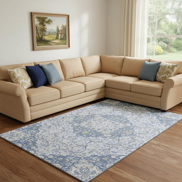 HomeRoots 8' X 10' Elegant Blue-Gray Silver Medallion Washable Area Rug with UV Protection & Stain Resistance 696828