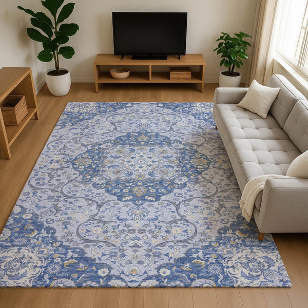 HomeRoots 8' X 10' Elegant Blue-Gray Silver Medallion Washable Area Rug with UV Protection & Stain Resistance 696828
