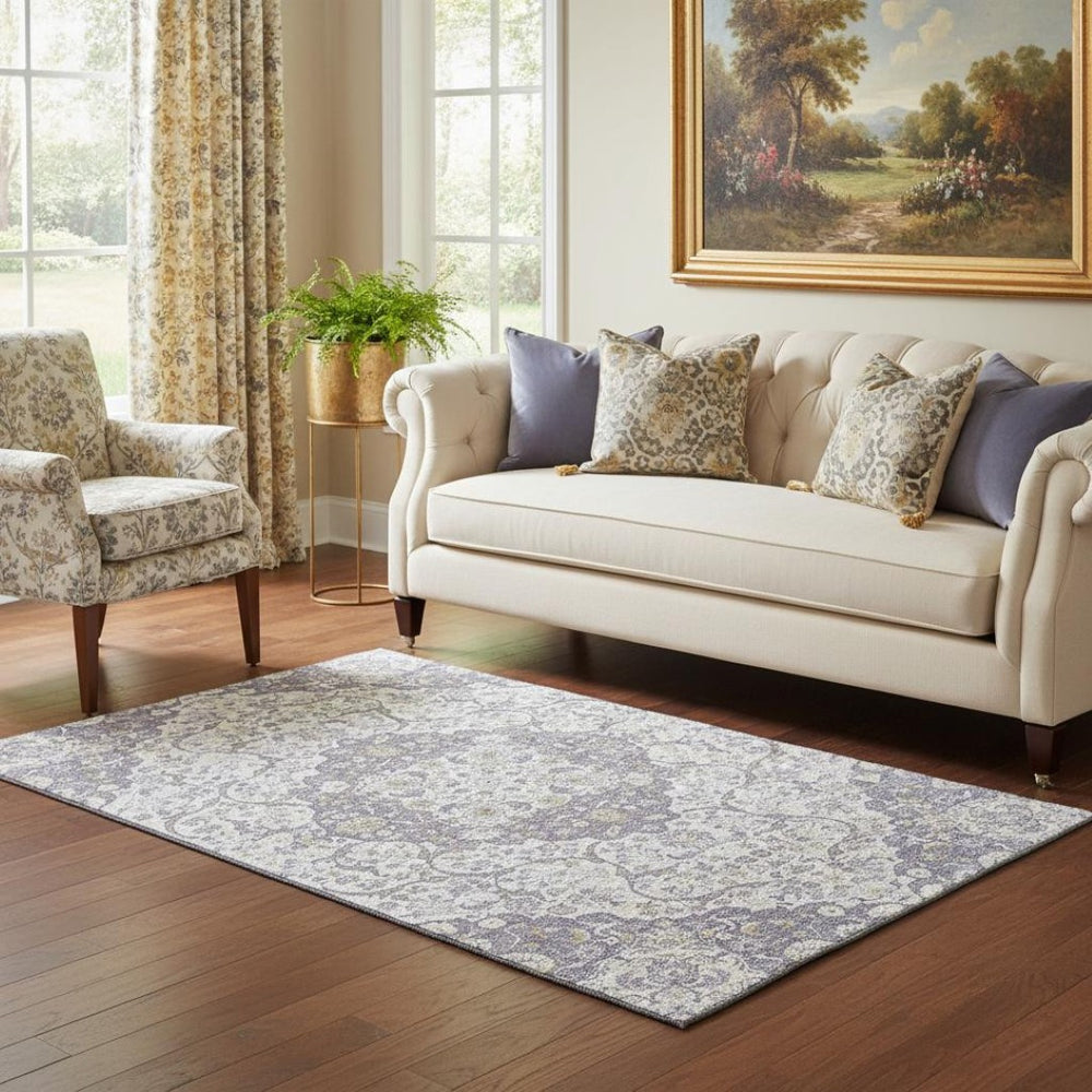 HomeRoots 5' Elegant Lavender Ivory Gold Medallion Area Rug - Washable, Stain-Resistant, UV Protected! 696832
