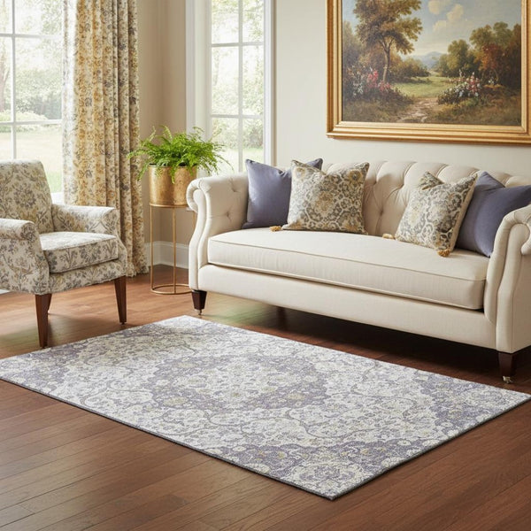 HomeRoots 5' Elegant Lavender Ivory Gold Medallion Area Rug - Washable, Stain-Resistant, UV Protected! 696832