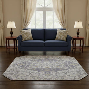 HomeRoots 8' Elegant Lavender and Gold Medallion Round Rug - Washable, UV Protected, Non-Slip for Everyday Use 696833