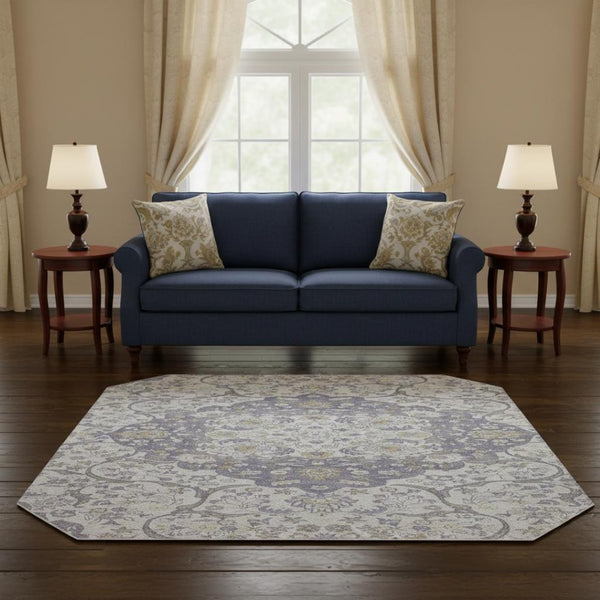 HomeRoots 8' Elegant Lavender and Gold Medallion Round Rug - Washable, UV Protected, Non-Slip for Everyday Use 696833