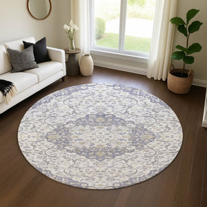 HomeRoots 8' Elegant Lavender and Gold Medallion Round Rug - Washable, UV Protected, Non-Slip for Everyday Use 696833