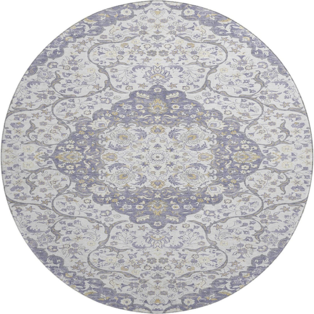 HomeRoots 8' Elegant Lavender and Gold Medallion Round Rug - Washable, UV Protected, Non-Slip for Everyday Use 696833