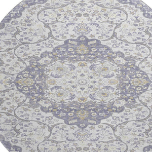HomeRoots 8' Elegant Lavender and Gold Medallion Round Rug - Washable, UV Protected, Non-Slip for Everyday Use 696833