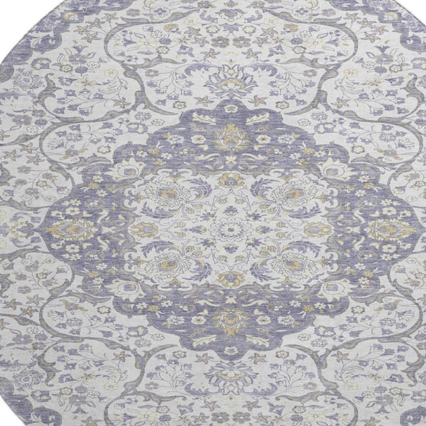 HomeRoots 8' Elegant Lavender and Gold Medallion Round Rug - Washable, UV Protected, Non-Slip for Everyday Use 696833